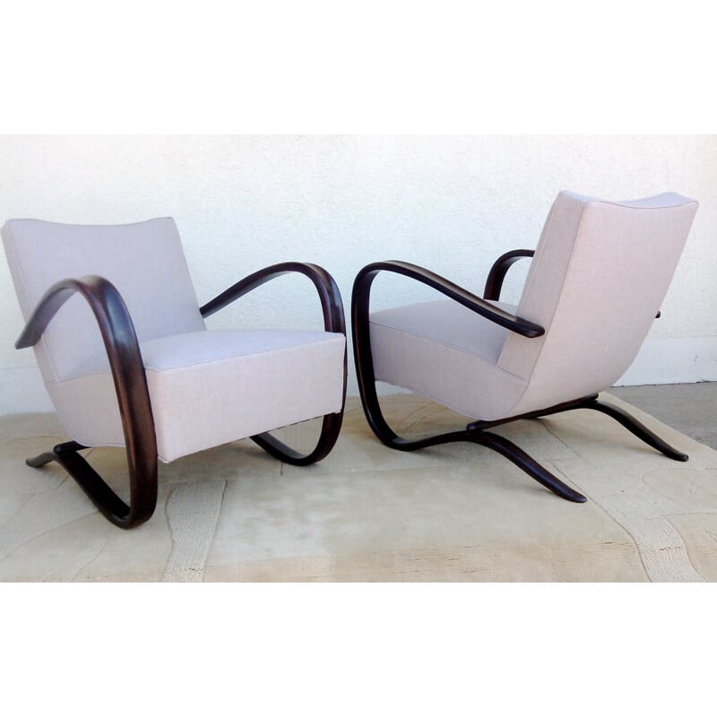 Pair of armchairs in beechwood and fabric, Jindrich HALABALA - 1940s