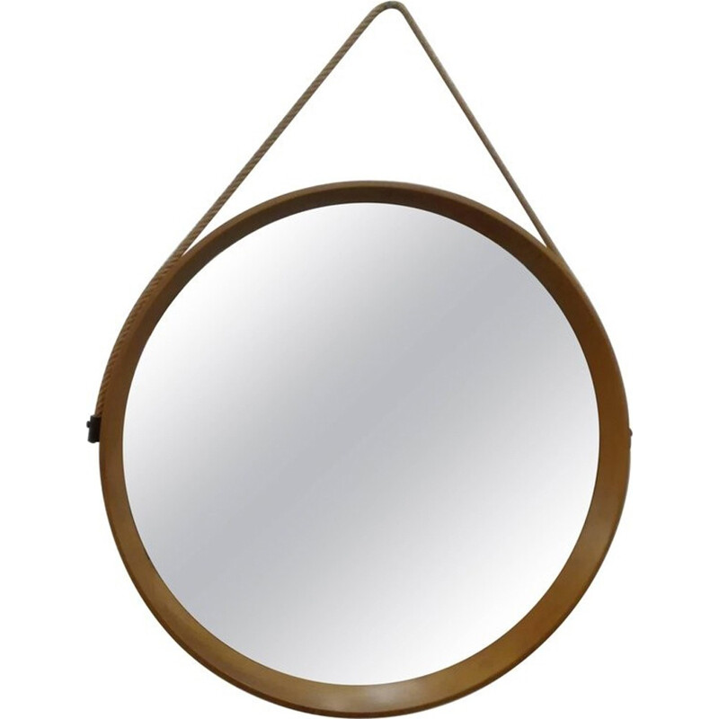 Scandinavian vintage framed wood wall mirror of circular shape by Uno and Östen Kristiansson for Luxus, 1960