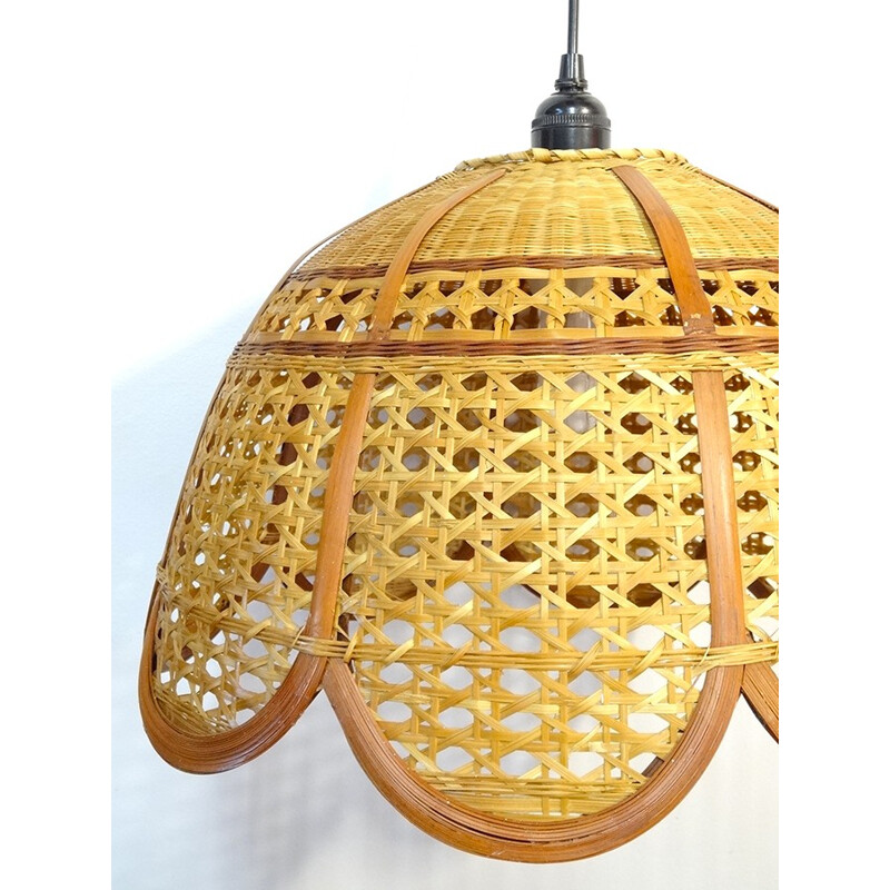 Vintage Wicker flower hanging lamp - 1980s