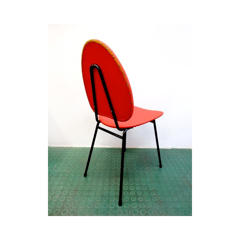 Chaise française rouge vintage en acier - 1950