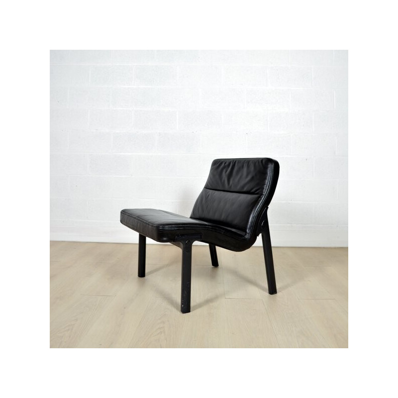 Vintage Metal and Black leather Low Chair - 1960s