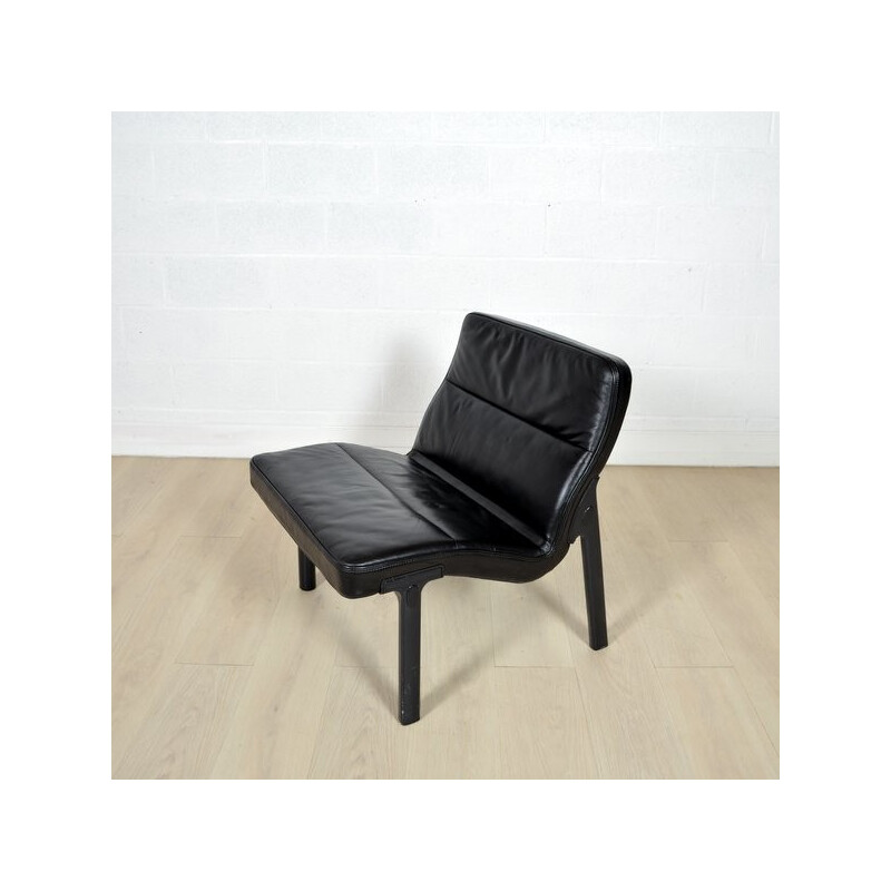Vintage Metal and Black leather Low Chair - 1960s