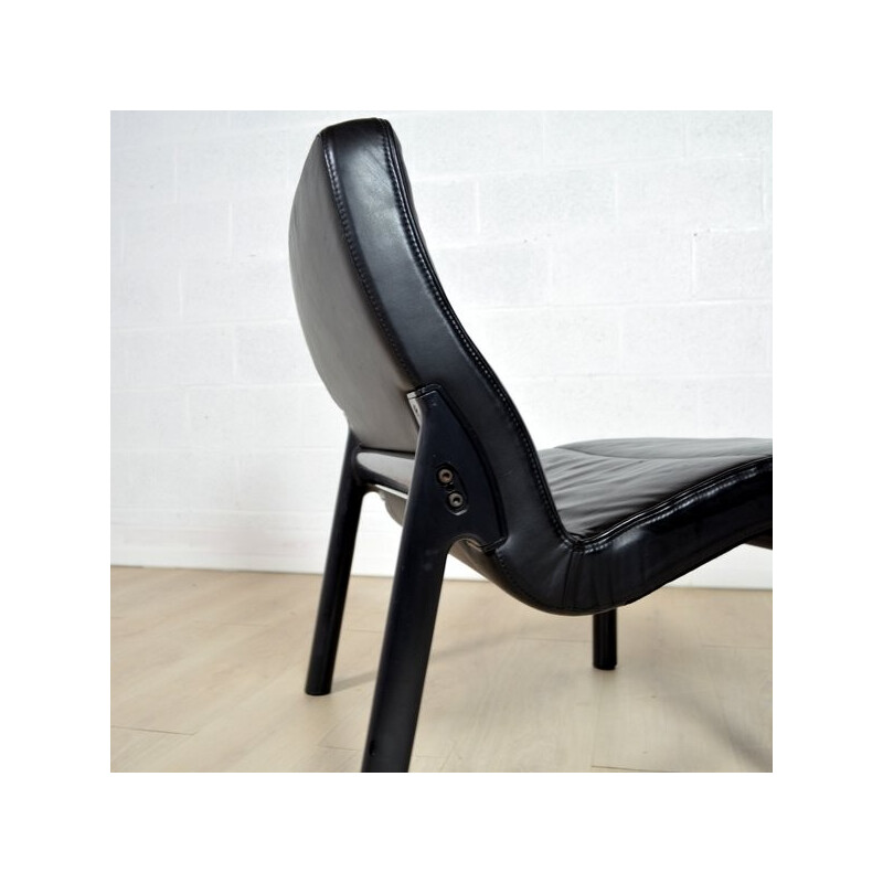 Vintage Metal and Black leather Low Chair - 1960s