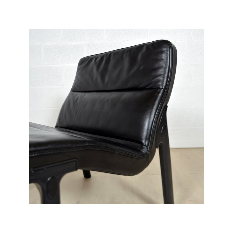 Vintage Metal and Black leather Low Chair - 1960s