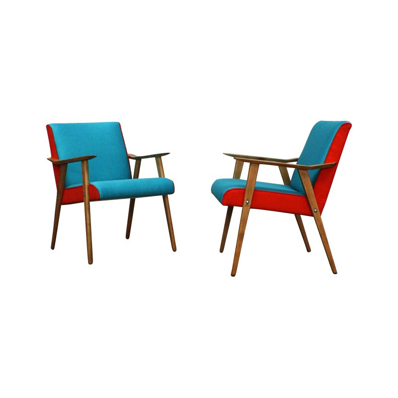 Fauteuil vintage en bois et tissu orange et turquoise - 1960