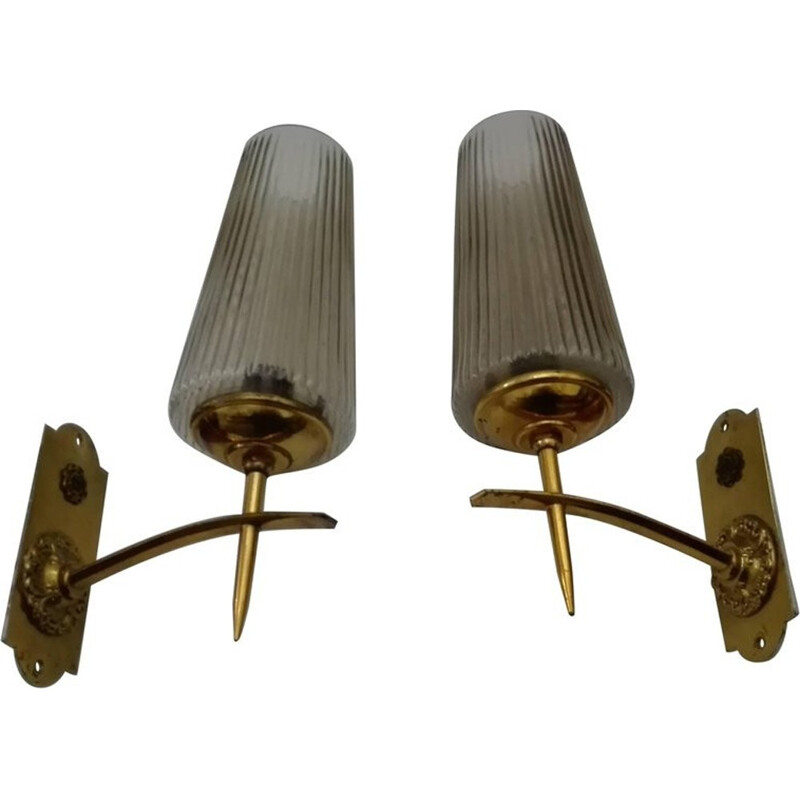 Vintage pair of brass and murano sconces - 1950s