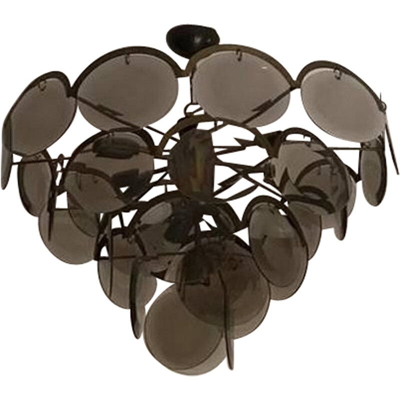 Vintage chandelier with 5 levels in chromed metal and smoke glass by Vistosi, Italy - 1970s
