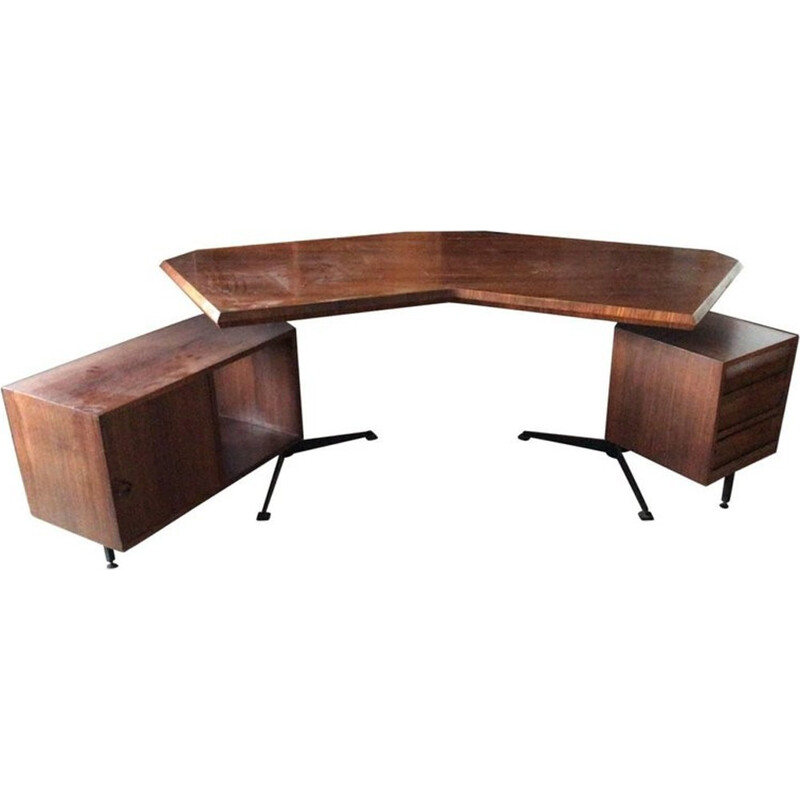 Vintage T-96 Boomerang rosewood and metal desk by Osvaldo Borsani for Tecno - 1950s