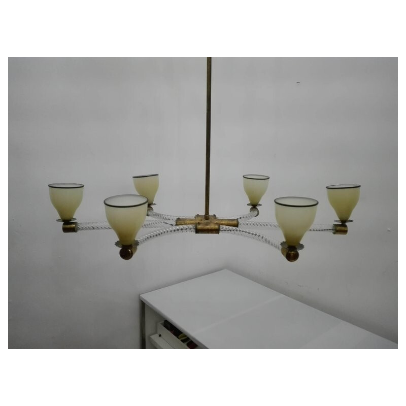 Vintage Glass and Brass Chandelier by Venini, Italy - 1930s
