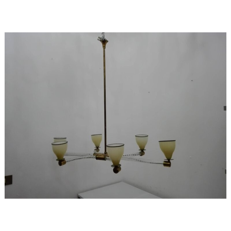 Vintage Glass and Brass Chandelier by Venini, Italy - 1930s