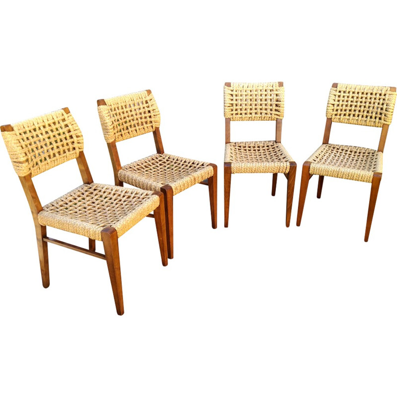 Vintage set of 4 beech chairs by Adrien Audoux & Frida Minet for Vibo - 1950s