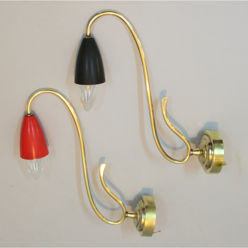Set of vintage brass and metal wall lamp - 1950s