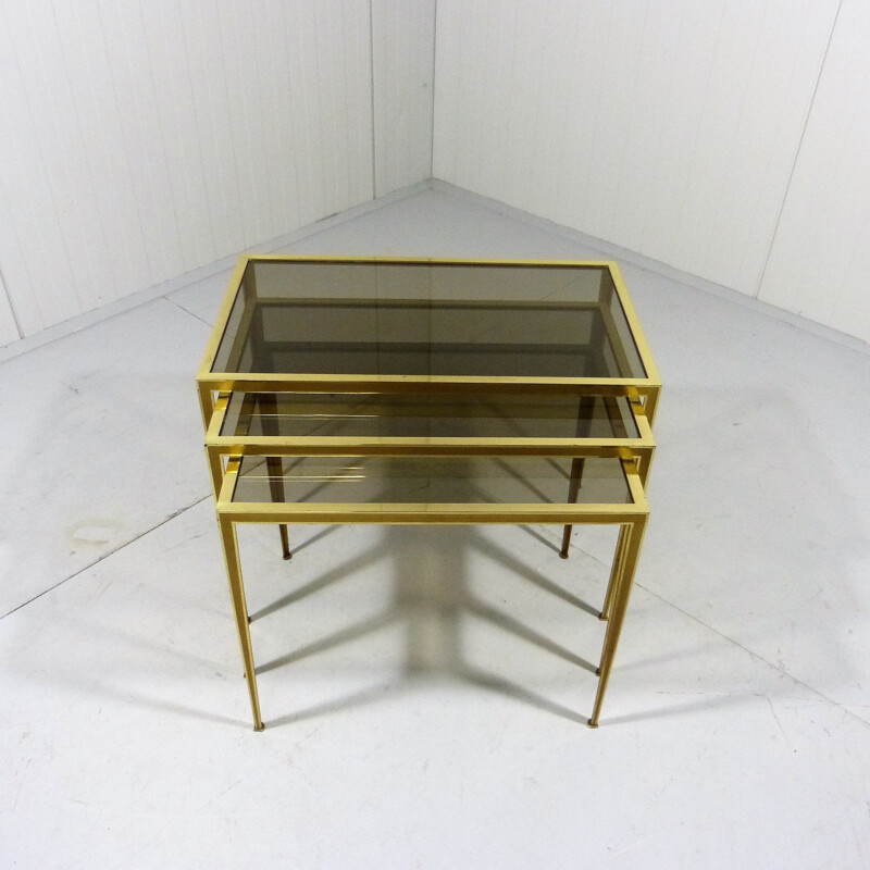 Brass & Smoked Glass Nesting Tables By Deutsche Werkstätten - 1950s