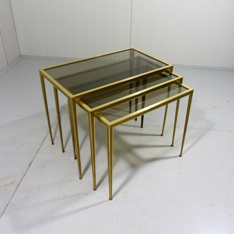 Brass & Smoked Glass Nesting Tables By Deutsche Werkstätten - 1950s