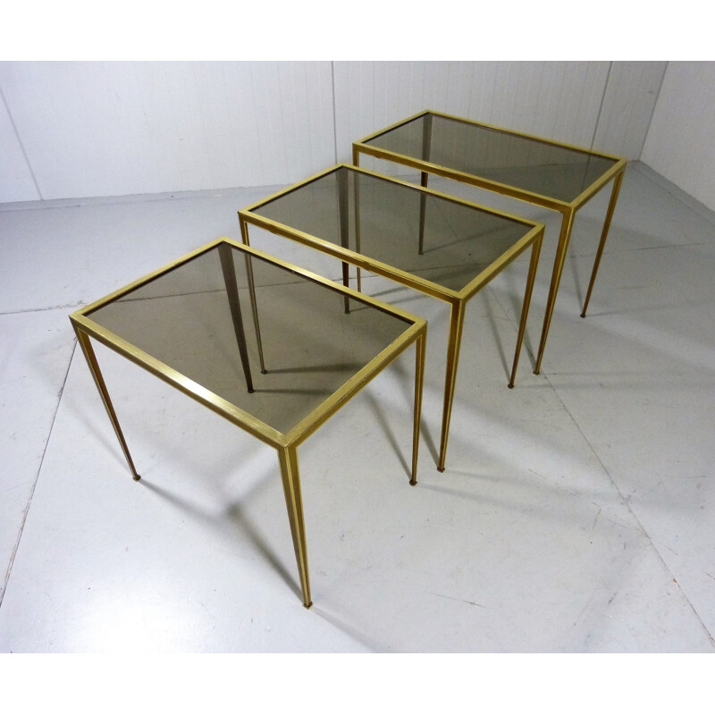 Brass & Smoked Glass Nesting Tables By Deutsche Werkstätten - 1950s