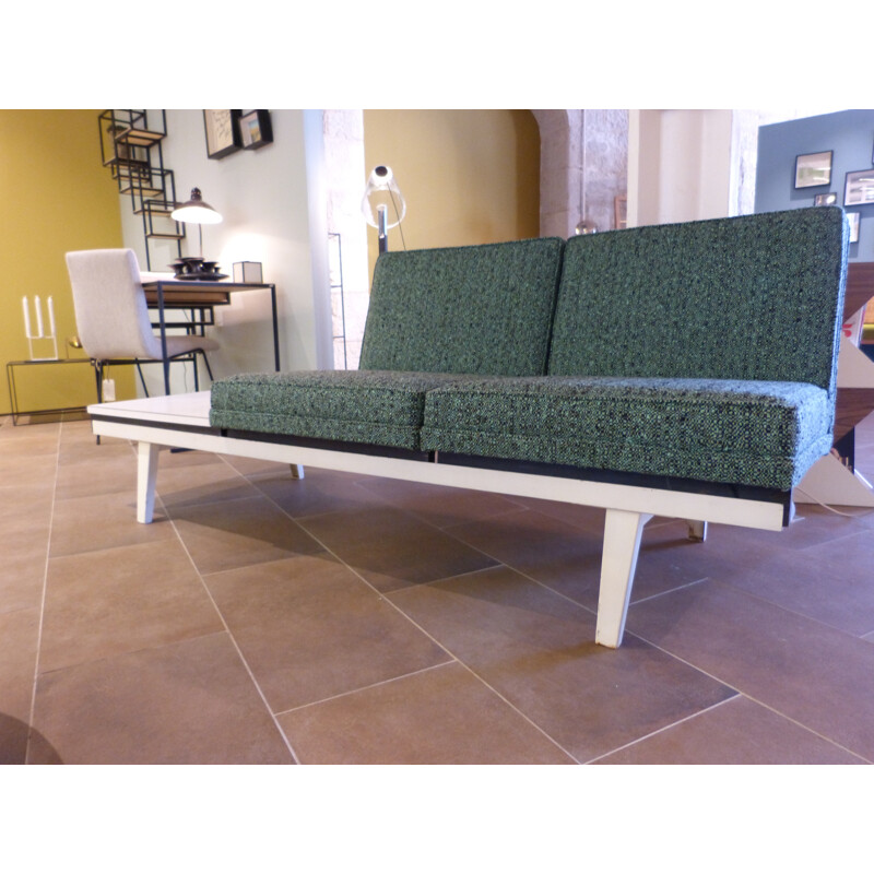 Two seater bench and modular side table in wood, metal and fabric, Georges NELSON - 1980s