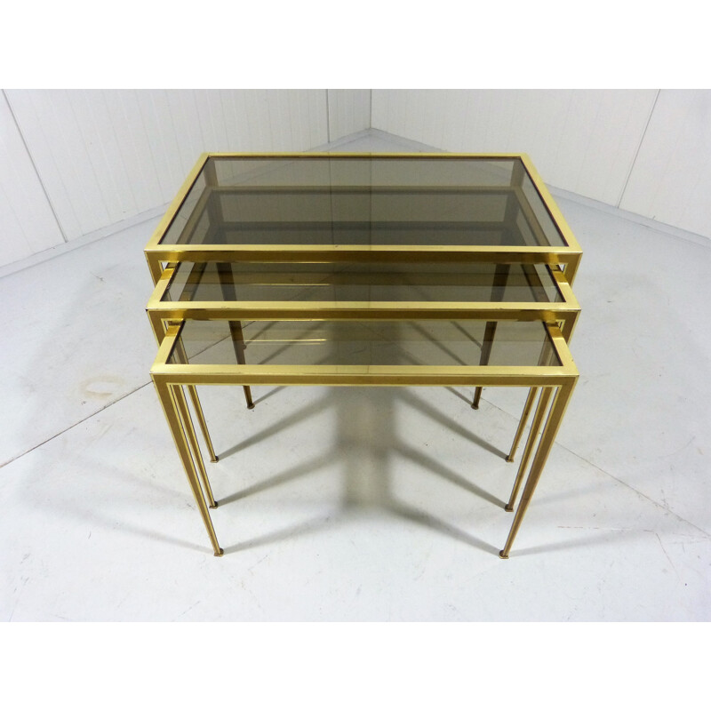 Brass & Smoked Glass Nesting Tables By Deutsche Werkstätten - 1950s