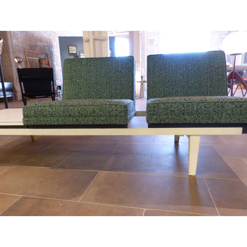 Two seater bench and modular side table in wood, metal and fabric, Georges NELSON - 1980s