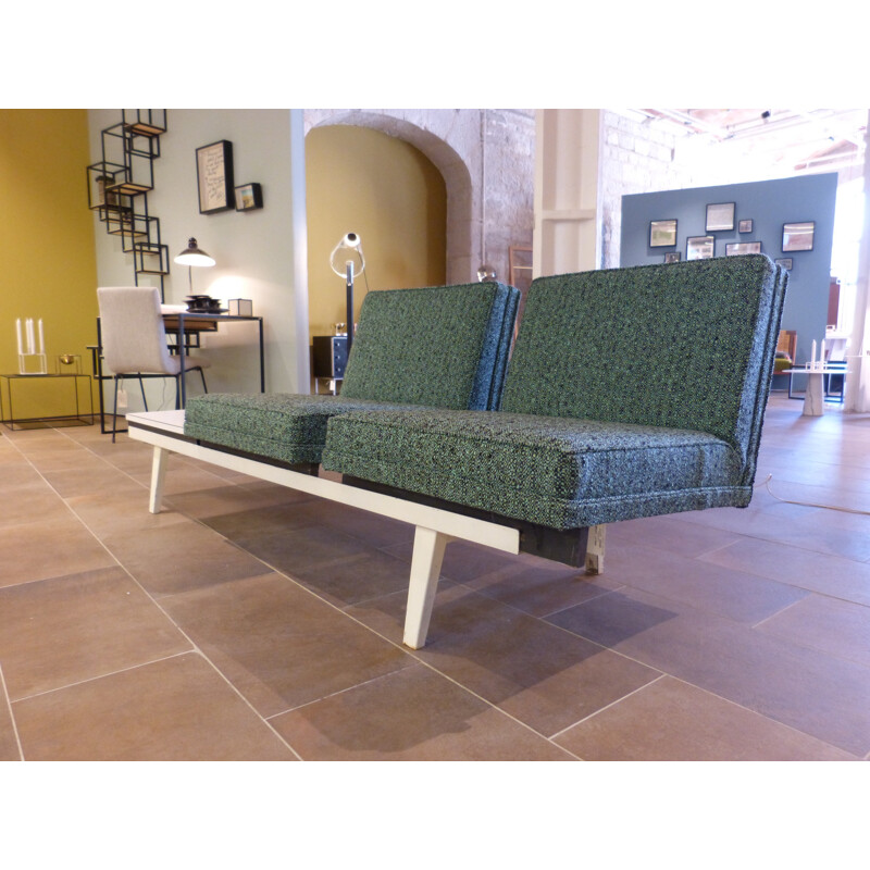 Two seater bench and modular side table in wood, metal and fabric, Georges NELSON - 1980s
