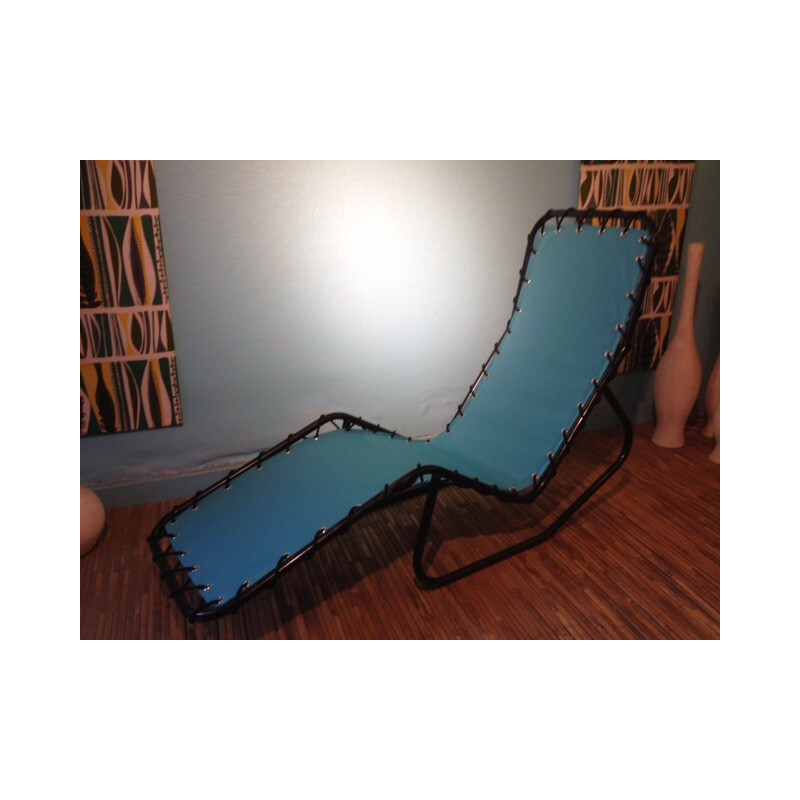 Chaise longue in metal and blue fabric - 1950s