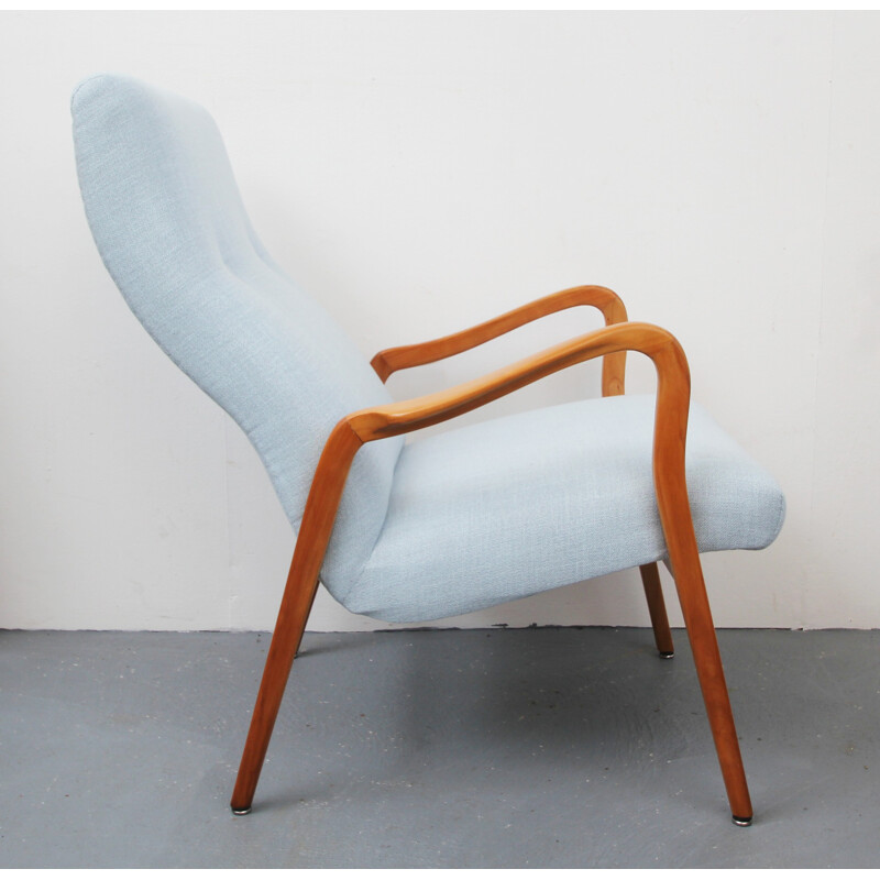 Vintage cherrywood light blue armchair - 1950s
