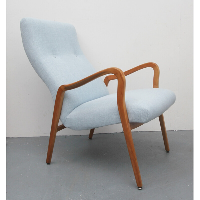 Vintage cherrywood light blue armchair - 1950s