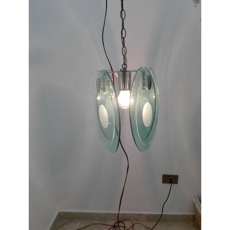 Vintage Metal Glass Pendant Lamp - 1970s