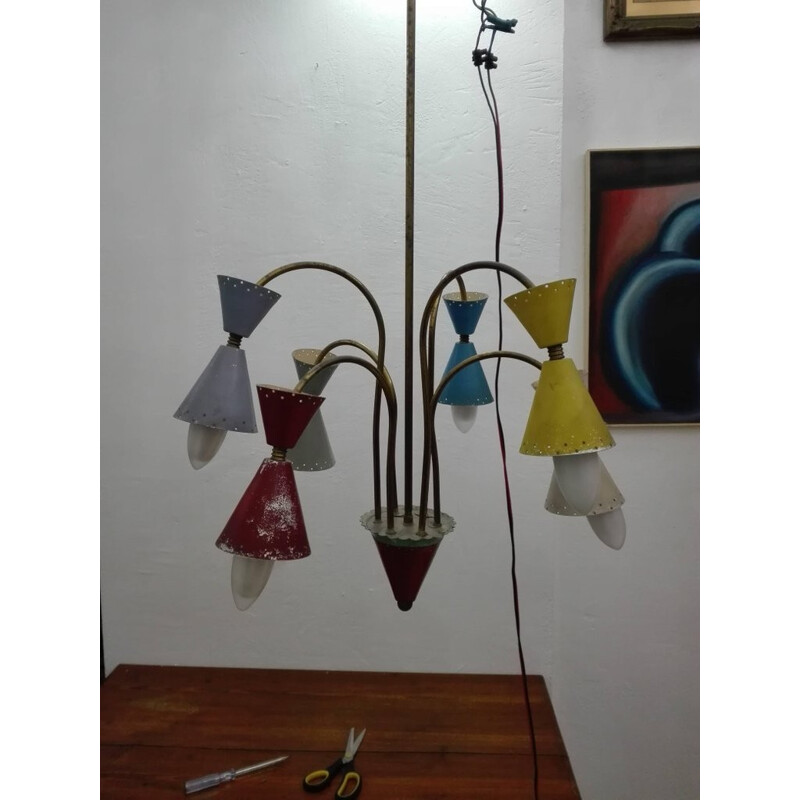 Six-light vintage brass and aluminum chandelier by Stilnovo, 1950