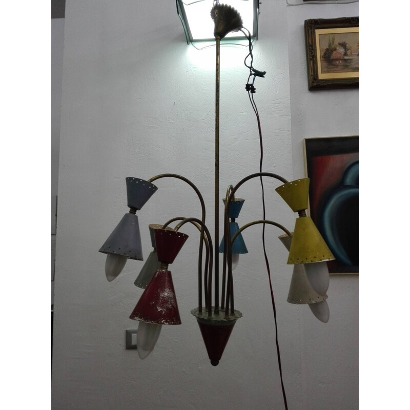 Kronleuchter mit sechs Vintage-Lampen aus Messing und Aluminium von Stilnovo, 1950