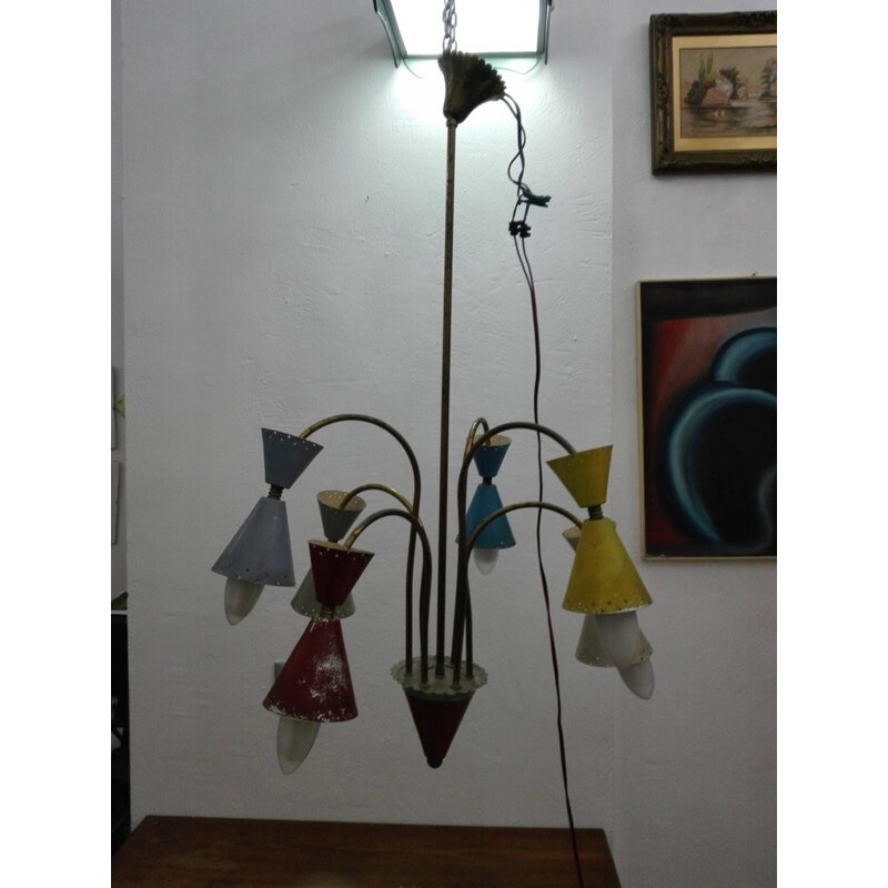 Lámpara vintage de latón y aluminio de seis luces de Stilnovo, 1950