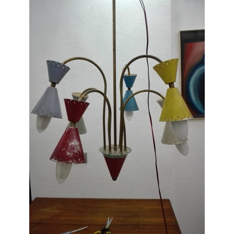 Kronleuchter mit sechs Vintage-Lampen aus Messing und Aluminium von Stilnovo, 1950