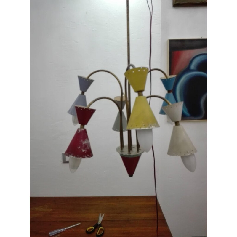 Six-light vintage brass and aluminum chandelier by Stilnovo, 1950