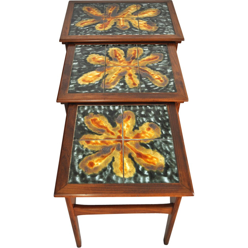 Set of 3 Danish teak nesting tables with ceramic tiles - 1960s
