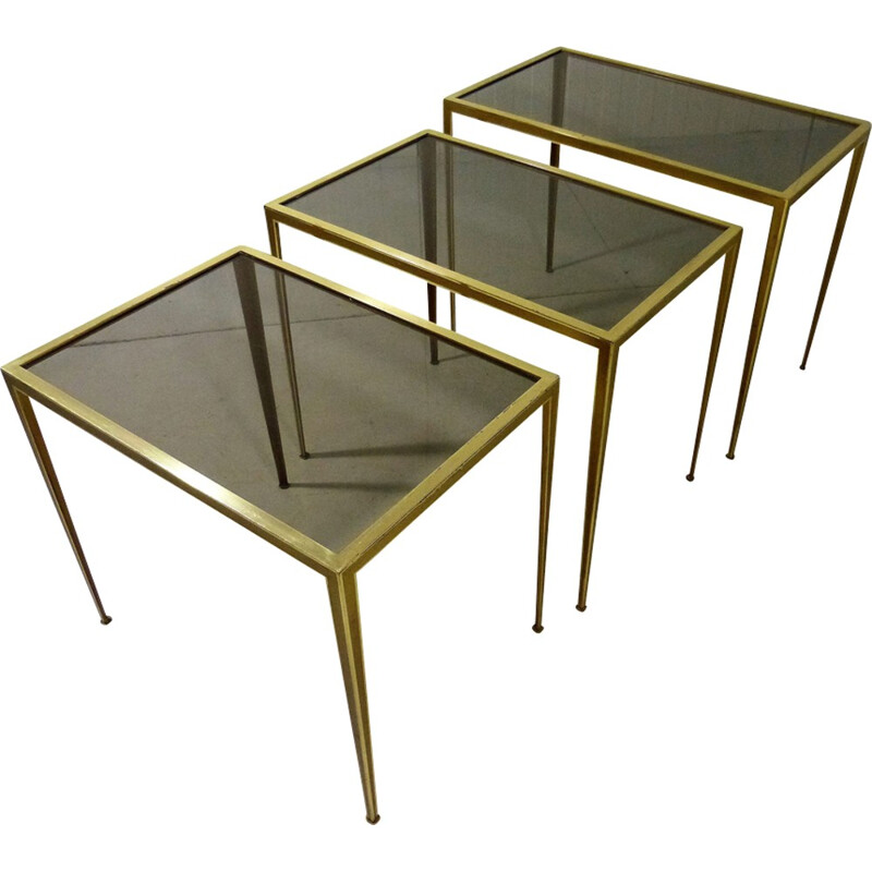 Brass & Smoked Glass Nesting Tables By Deutsche Werkstätten - 1950s