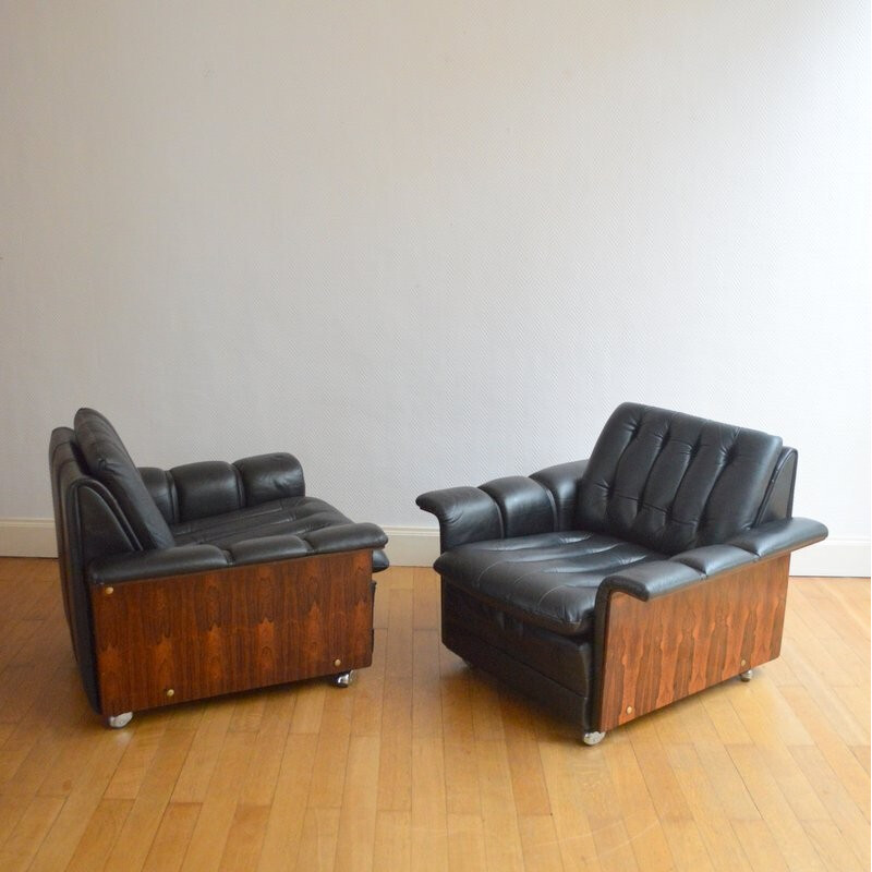 Pair of vintage Danish Design armchairs in leather and rosewood - 1960s