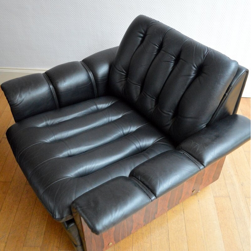 Pair of vintage Danish Design armchairs in leather and rosewood - 1960s