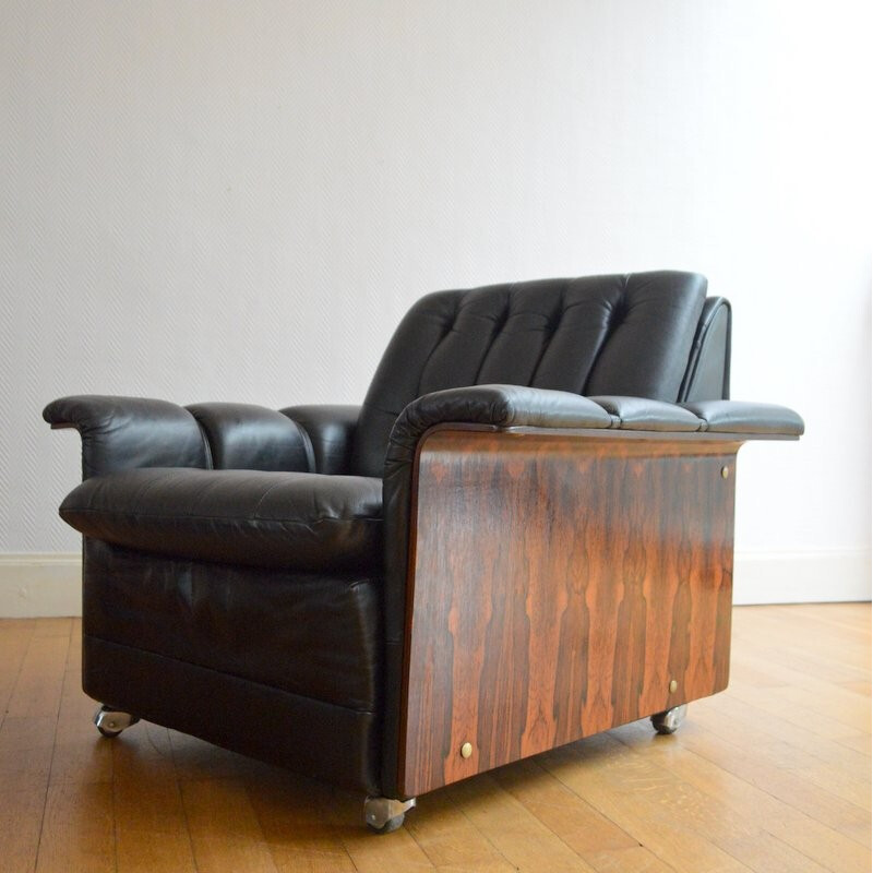 Pair of vintage Danish Design armchairs in leather and rosewood - 1960s