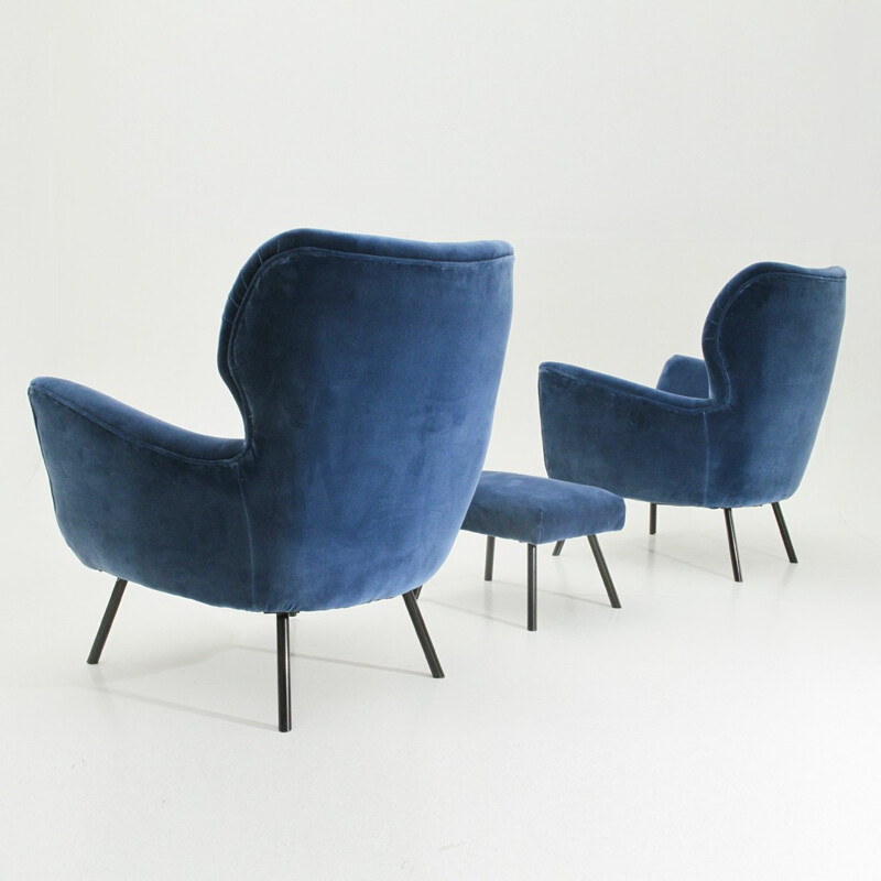 Pair of vintage Italian armchairs with ottoman - 1950s