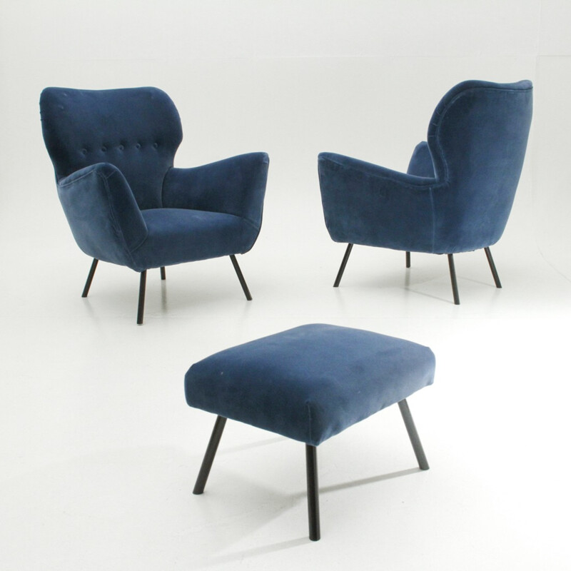 Pair of vintage Italian armchairs with ottoman - 1950s