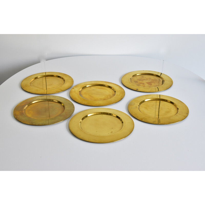 Set of 6 danish coaster plates in brass by Stelton - 1960s