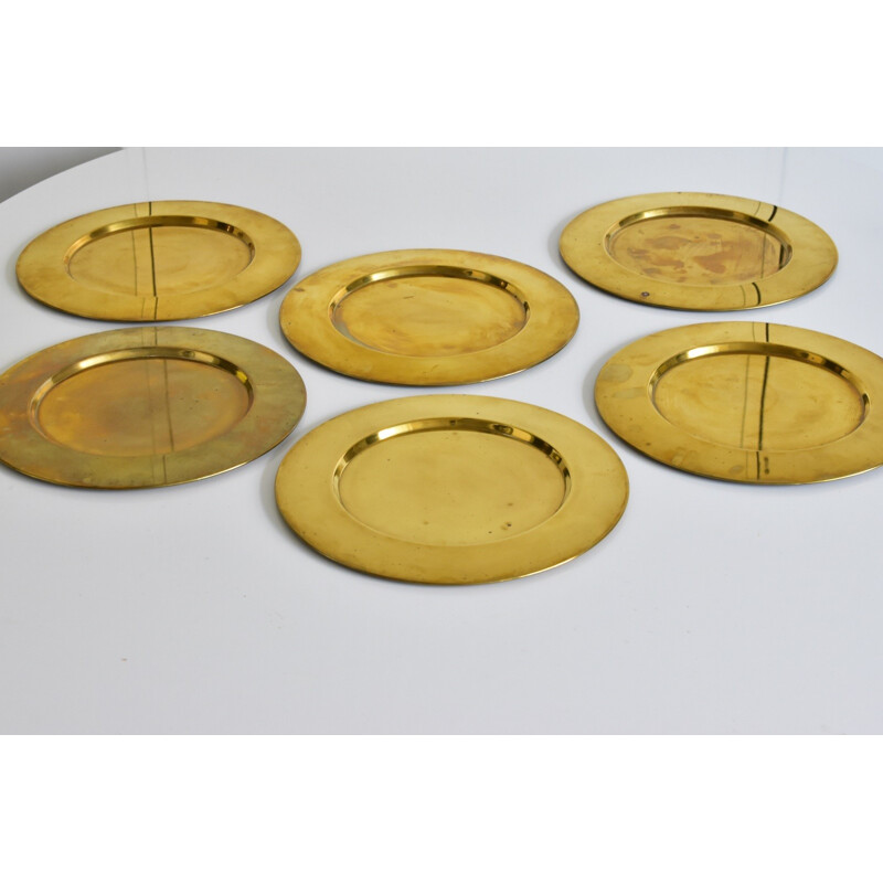 Set of 6 danish coaster plates in brass by Stelton - 1960s