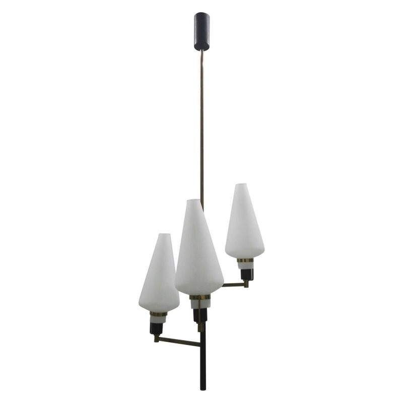 Lampadario vintage in ottone e vetro di Oscar Torlasco - 1960