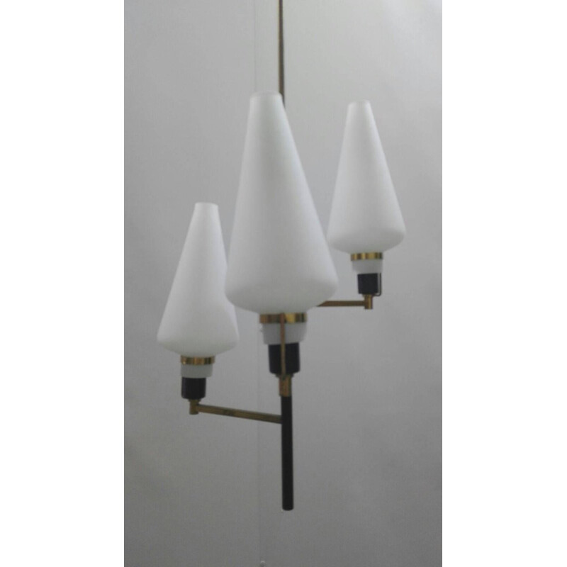 Lampadario vintage in ottone e vetro di Oscar Torlasco - 1960