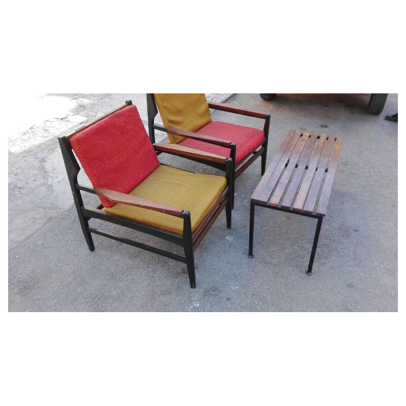 Set of vintage 2 Armchairs & 1 Coffee Table in Wood - 1960s