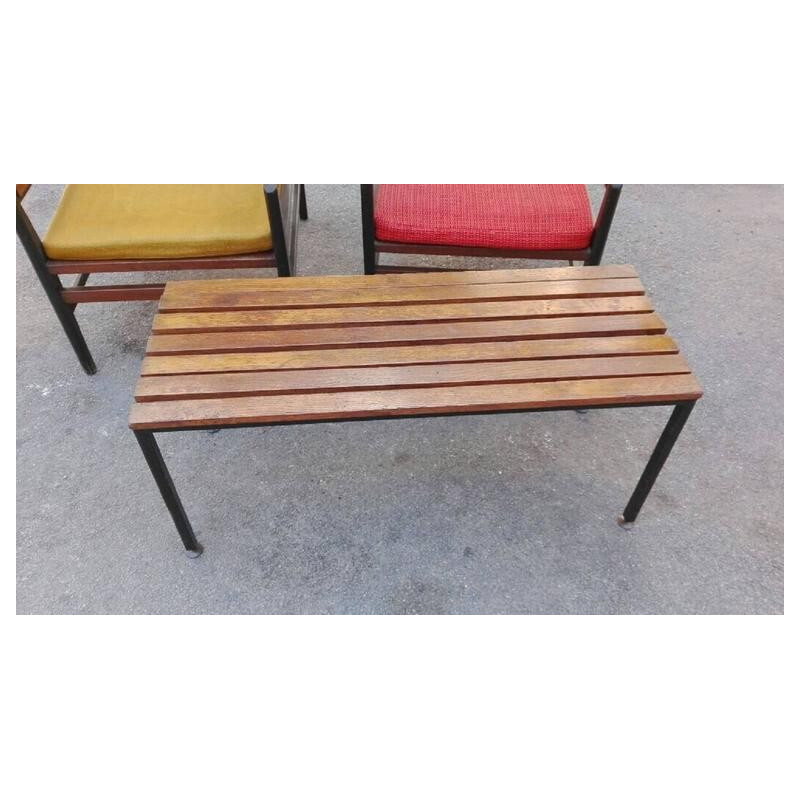Suite de 2 fauteuils & 1 table basse vintage en bois - 1960