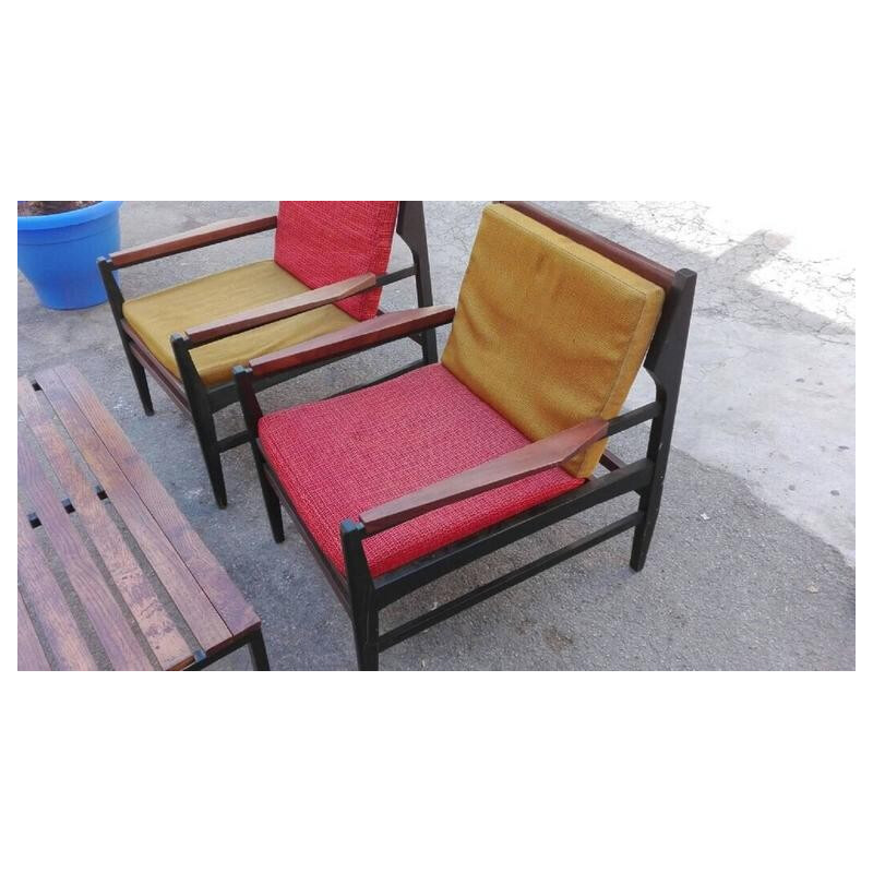 Set of vintage 2 Armchairs & 1 Coffee Table in Wood - 1960s