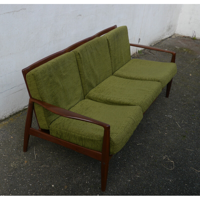 Scandinavian vintage teak and green velvet sofa, 1960