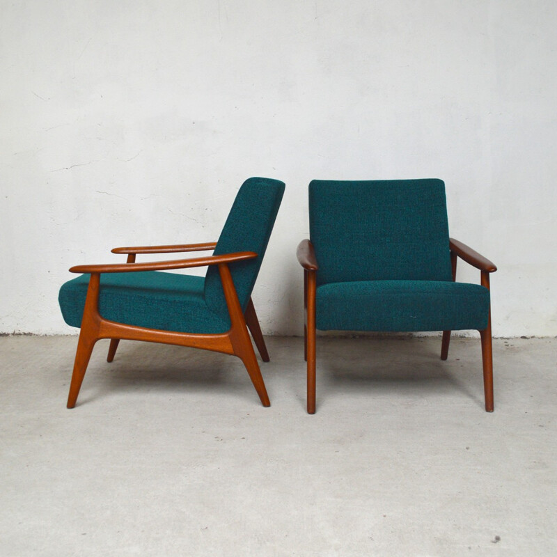 Set of 2 Danish green armchairs in teak - 1960