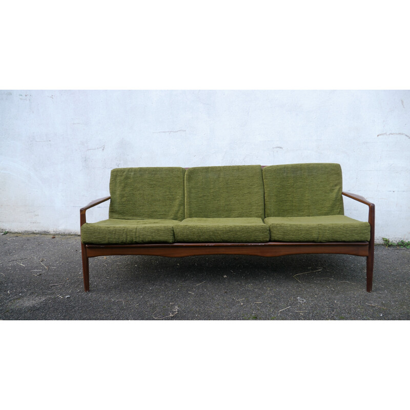 Scandinavian vintage teak and green velvet sofa, 1960