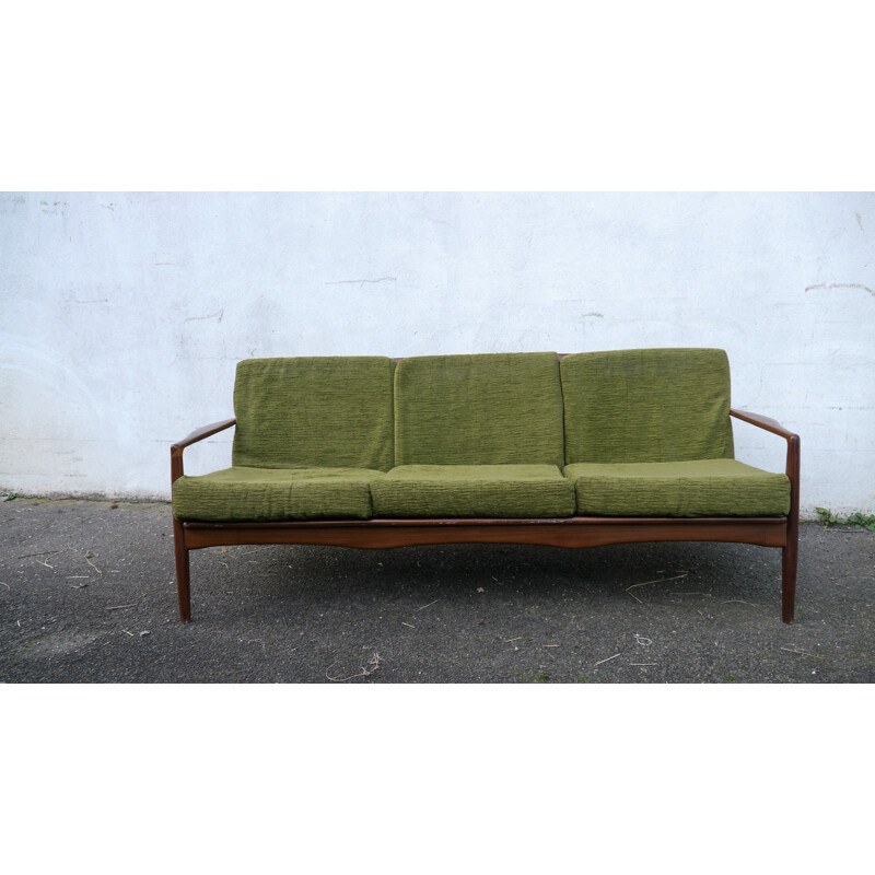 Scandinavische vintage bank in teak en groen fluweel, 1960